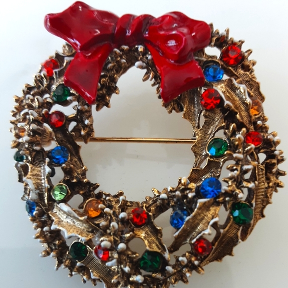 VTG ARTHUR PEPPER SIGNED ENAMEL RHINESTONE FROSTED WREATH BROOCH - Picture 2 of 4